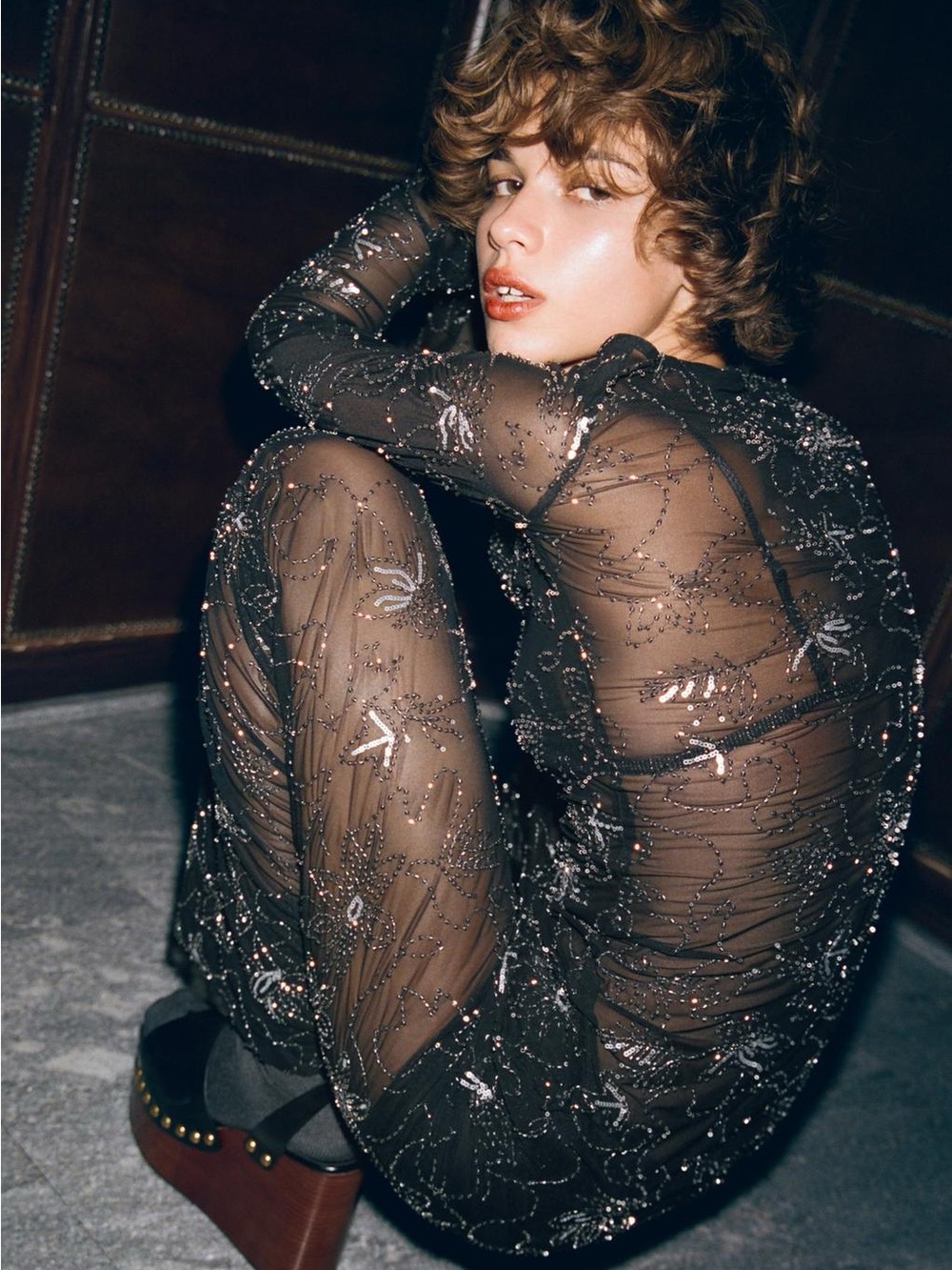 NWT. Zara Black Semi-Sheer Beaded Sequin Mid-Waist Trousers. Size M. - Picture 7 of 12